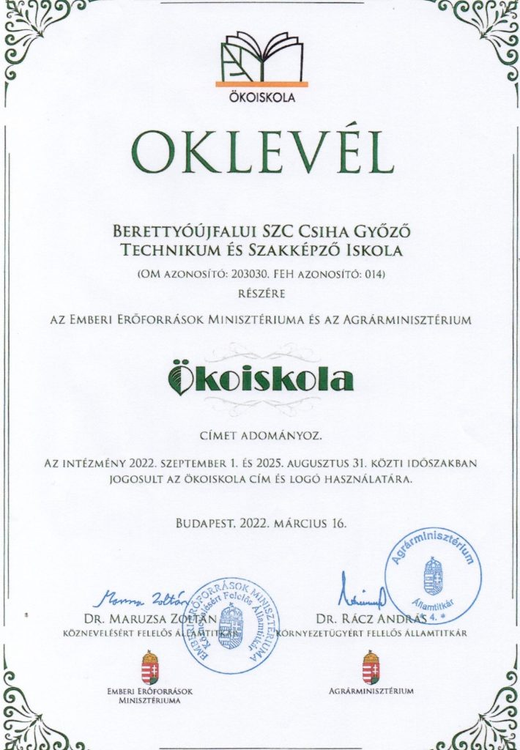 Fogyasztói Tudatosságra Nevelő Iskola A BSZC Csiha Győző Technikum és Szakképző Iskola 2021-2022-es tanévének beszámolója