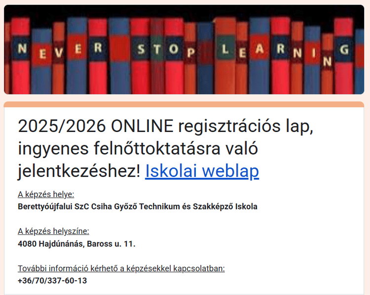 Online regisztrációs lap a 2025/2026-os tanévben tervezett felnőttoktatásokhoz