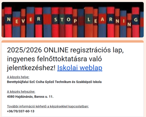 Online regisztrációs lap a 2025/2026-os tanévben tervezett felnőttoktatásokhoz